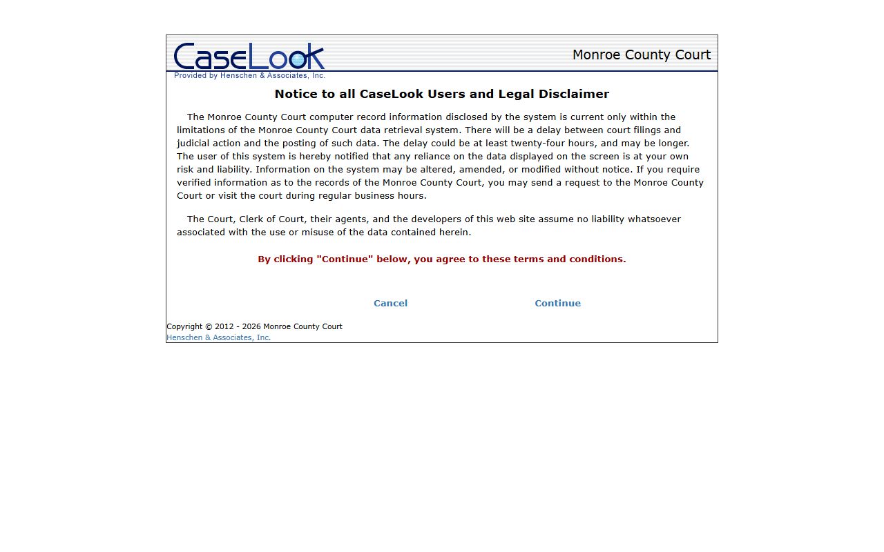 Monroe County court records after arrest CaseLook disclaimer
